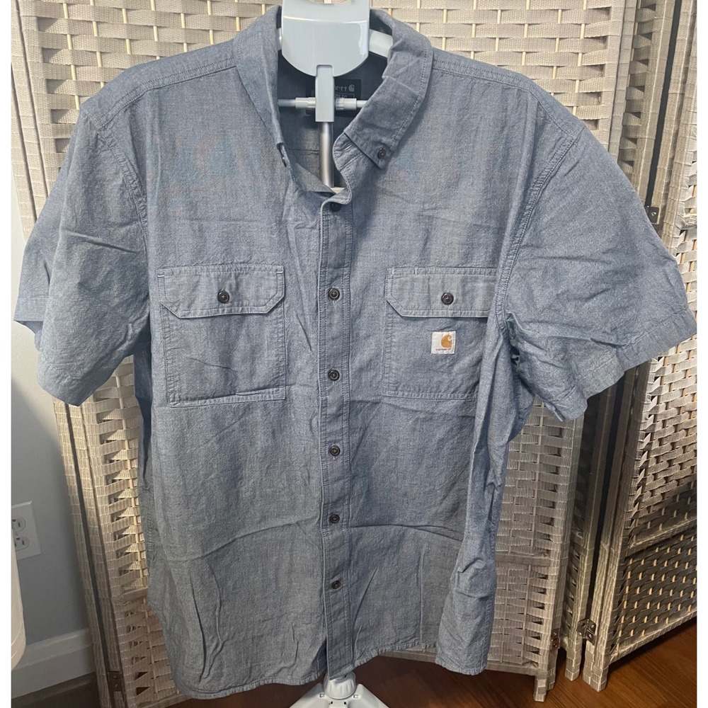 Carhartt Mens Loose Fit Short Sleeve Button Down Chambray Shirt Blue 2XL